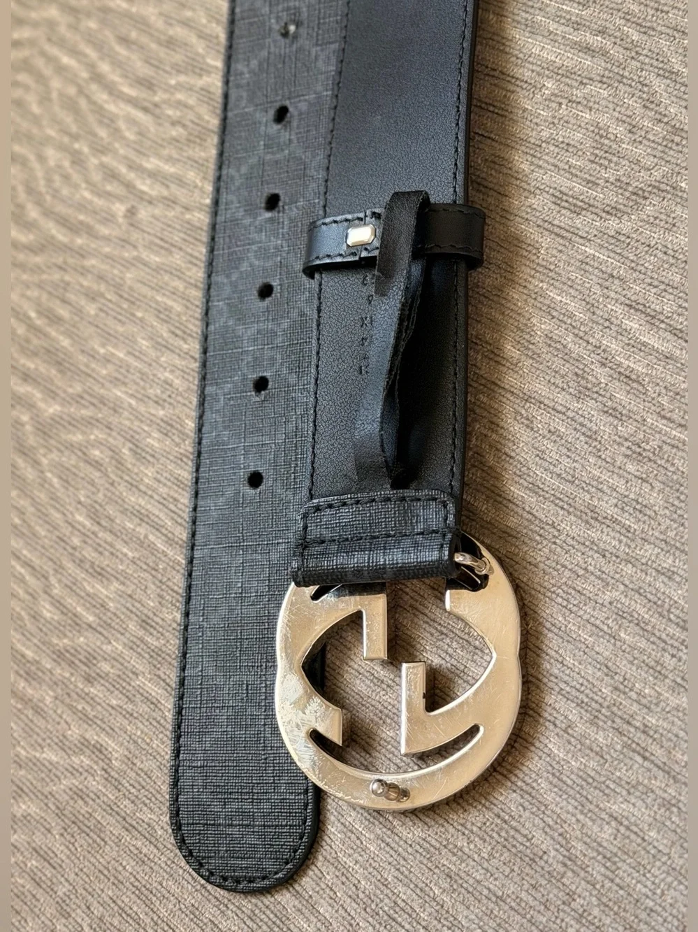 Gucci Black Monogram Leather Belt with Silver Interlocking G Buckle